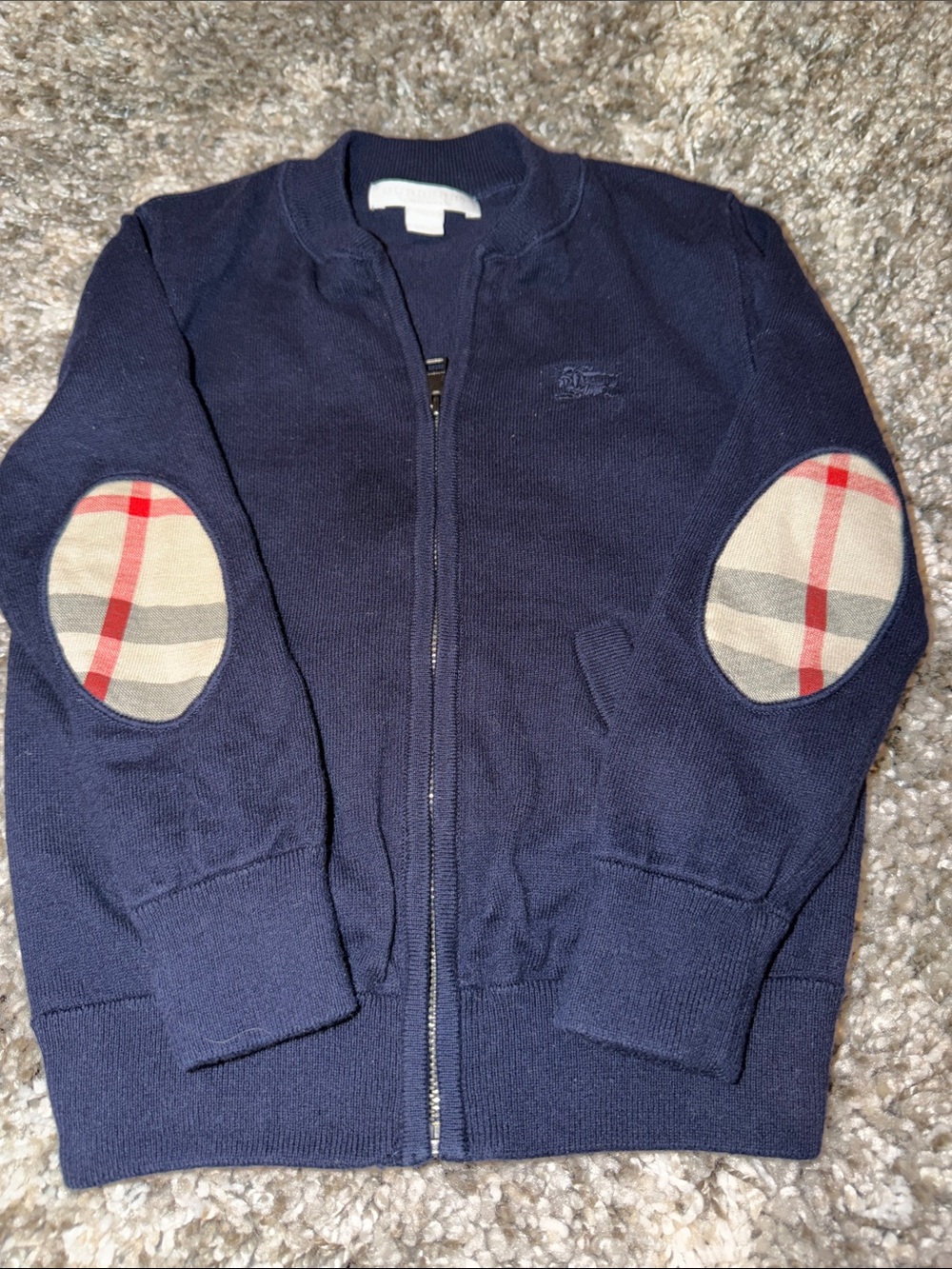 Burberry Navy Knit Zip Jacket with Signature Plaid Elbow Patches